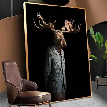 

Caribou And Flamingo In Human Clothes Canvas Print Anthropomorphic Animal Art Painting On Wall Decor Picture For Home Room Adorn