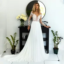

Boho V-Neck Wedding Dress 2021 A Line Chiffon Bridal Gown Long Sleeves Backless Robe De Mariee Illusion Appliques Sweep Train