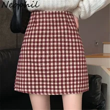 

Neophil Preppy Style Plaid Woolen Mini Skirts Bodycon Wrap Checkered Faldas Cortas High Waist School Girl's Short Skirt S211220