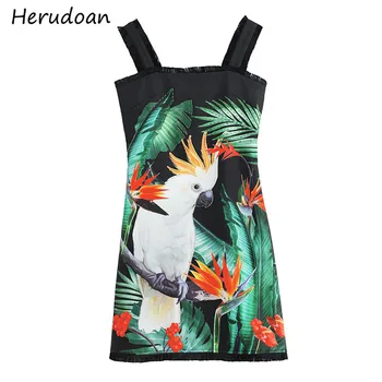 

Herudoan Fashion Runway Summer Women Short Dress Sexy Spaghetti Strap Beading Jungle Print Holiday Casual Female Mini Dresses