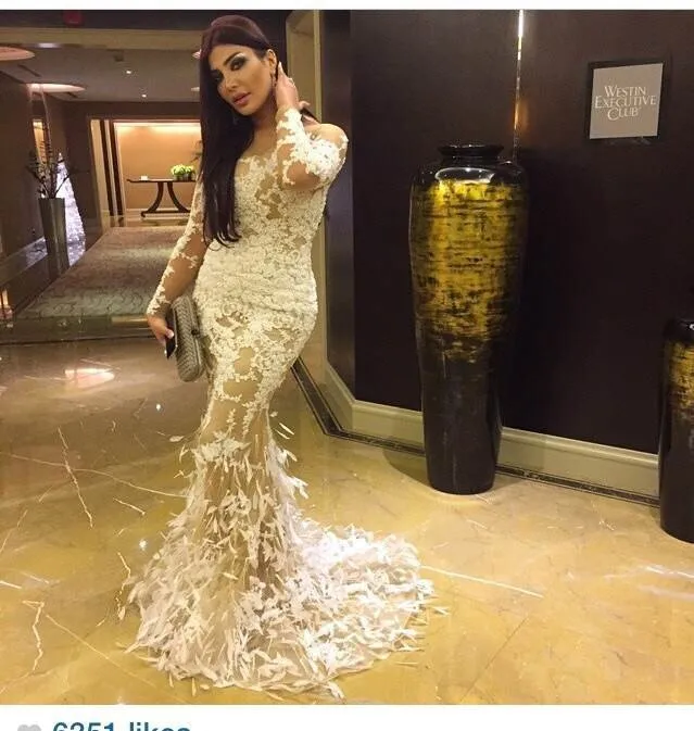 

Vestido De Festa Designer Nude Color Ivory Lace Feather Mermaid Evening prom gown Abendkleider 2020