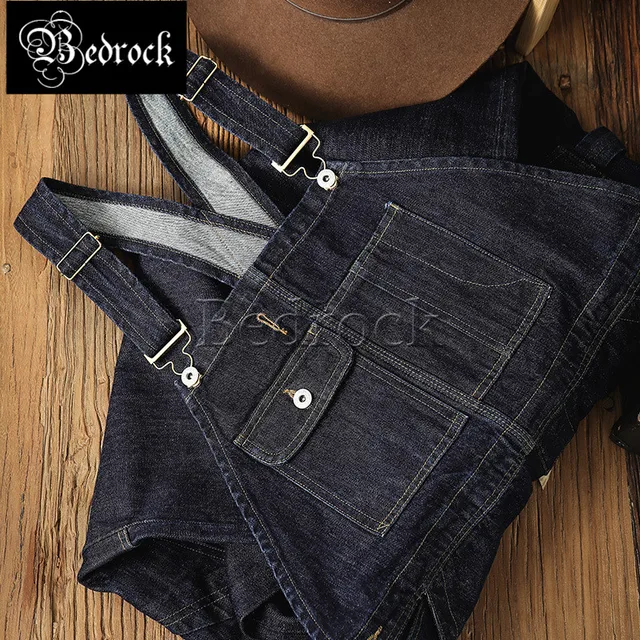Bedrock 14oz high quality vintage denim overalls heavy raw denim jeans washed blue Ami khaki dungaree suspenders for men 7293 2