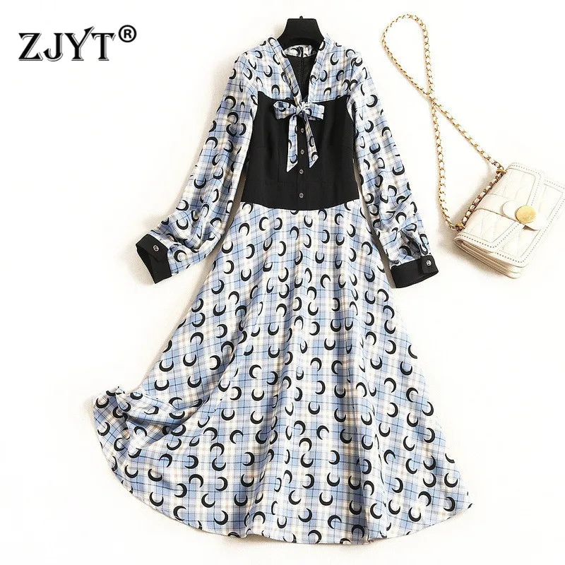 

New Fashion 2020 Spring Women Dress Long Sleeve Bow Collar Print Patchwork Aline Casual Mid Calf Dress Female Vestidos