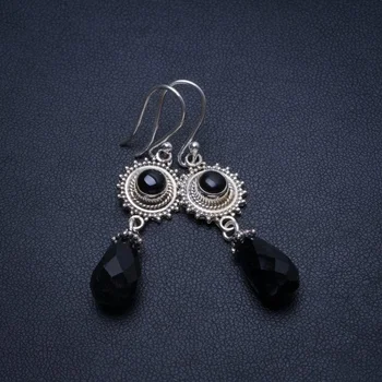 

Natural Black Onyx Handmade Unique 925 Sterling Silver Earrings 2" T4818