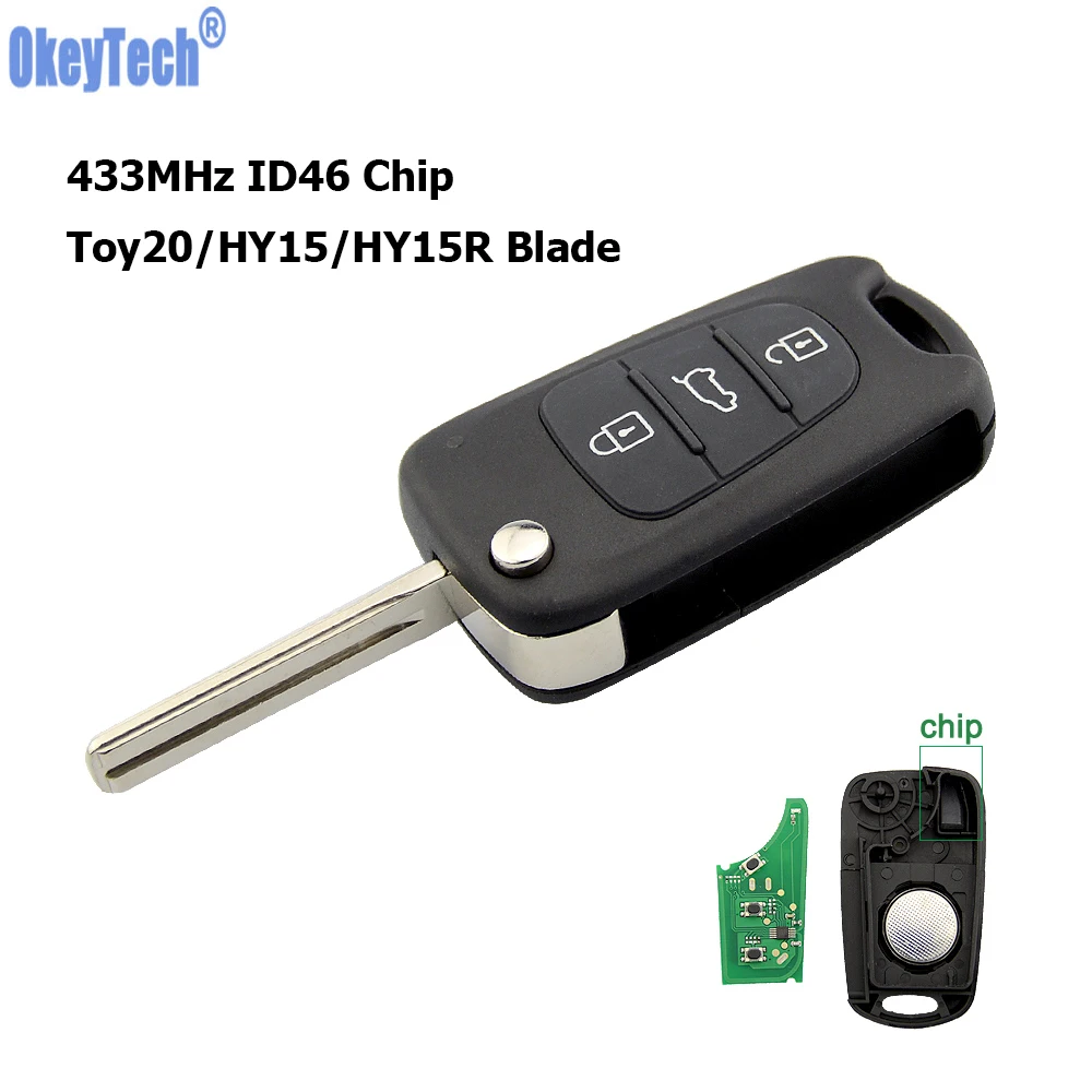 

OkeyTech 3 Buttons Remote Car Key For Hyundai I20 I30 IX35 I35 Accent Solaris 433mhz ID46 Chip with Board Uncut Blade Key Cut