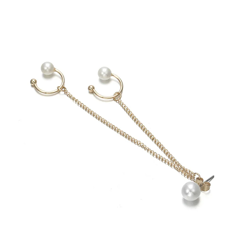 1PC Gold Tassel Earring For Women White Imitate Pearl Clip Hook Fake Piercing Cuff earrings Clips Bijouterie Wholesale | Украшения и
