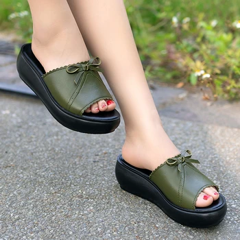 

ZIMNAFR 2020 Women Sandals Female Genuine Leather New Wedge Platform Slippers Fish Mouth Women Platform Sandals