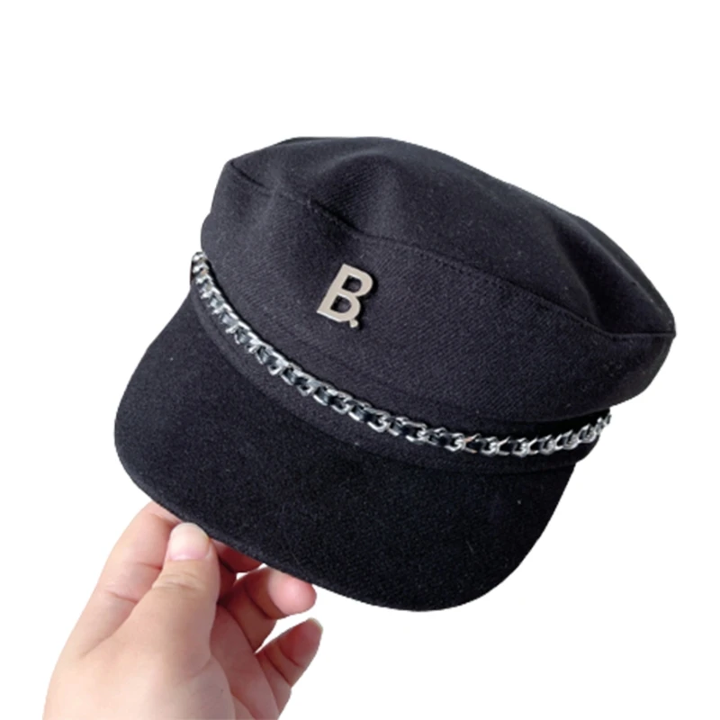 

066F Peaked Newsboy Hat Wool Blended Sailor Military Hat Letter B Decor for Winte