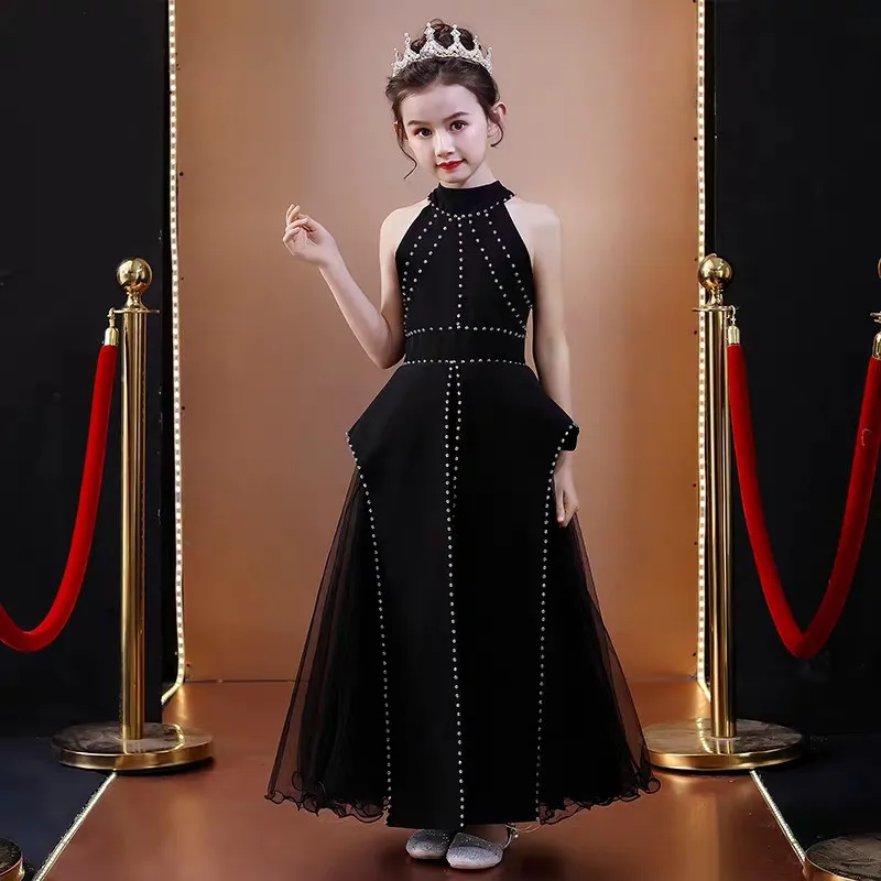 black long dress Детское вечернее платье высокого качества черного цвета для девочек, модельные костюмы для выступлений, длинное платье принцессы, детское платье для подростков - Цвет: black long dress