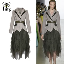 Tingfly, дизайнерский винтажный элегантный женский комплект из 2 предметов, клетчатый костюм, пальто+ юбка в сеточку, для женщин, для офиса, Модный комплект, платье