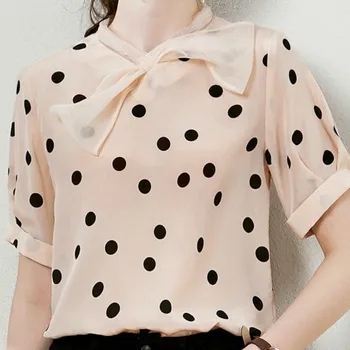 

Women Shirt New Tops Women Lace Bow Dot Shirt Short Sleeve Printed Top