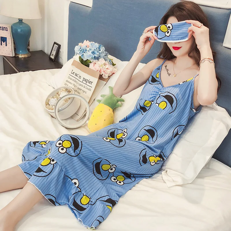 

Korean-style Fresh Nightgown Women's Summer Sexy Camisole with Chest Pad Sesame Street Pajamas Long Skirts Loose Thin Home Wear