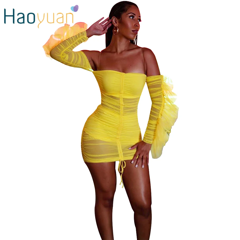 

HAOYUAN Sexy Mesh Sheer Dress Women Vestidos Yellow Off Shoulder Bandage Mini Robe Rave Clothing Fall Night Party Club Dresses