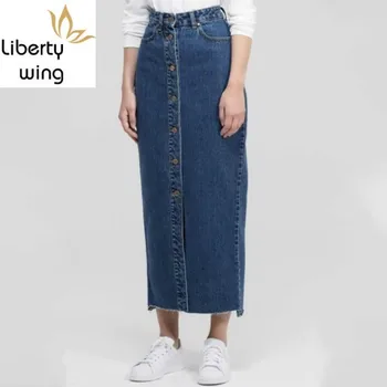 

New Fashion Women Denim Skirt Skinny Single Breasted Casual Ankle-Length Jeans Skirts Lady Autumn Long Streetwear Female