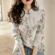 

linen shirt cheongsam blouse chinese style high quality flower embroidery long sleeve autumn tops cotton and linen elegant shirt
