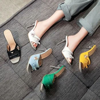 

Mules Shoes Summer Women Crystal Slides Thin High Heel Cutout Ladies Heel Party Women Jelly Shoes Slippers Sandalia Feminina