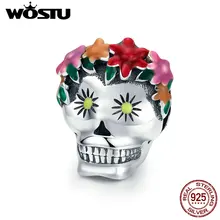 WOSTU подлинный 925 пробы серебряный череп цветок эмаль шарик талисманы подходят DIY браслет ожерелье Хэллоуин ювелирные изделия CQC888
