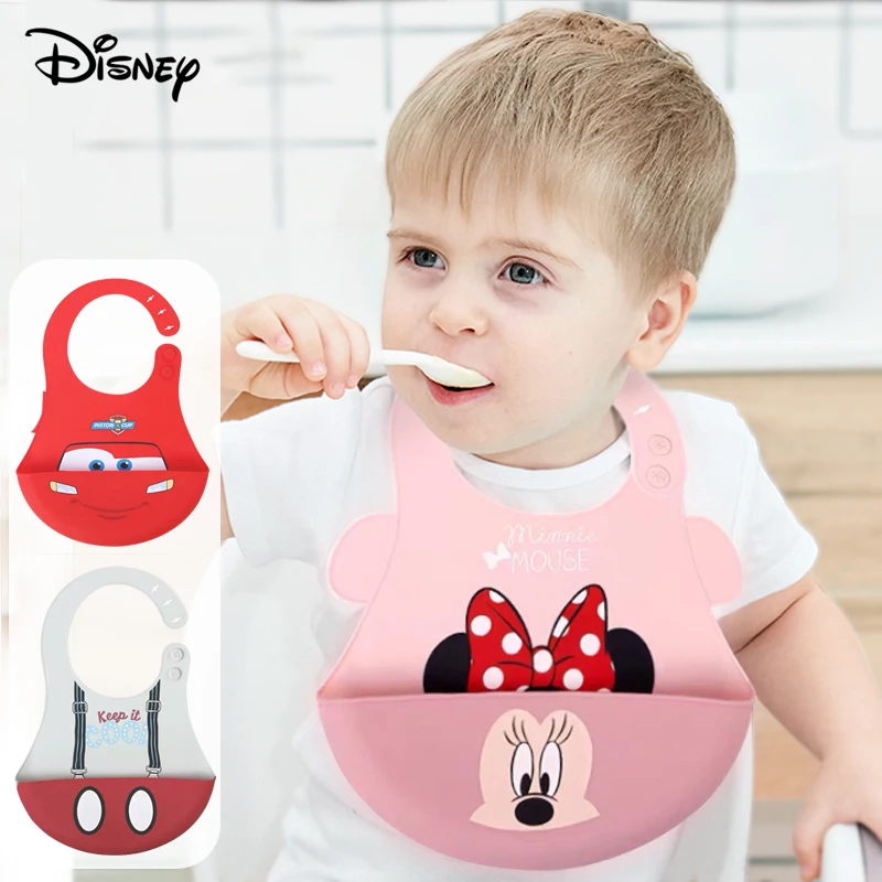 Disney Kids Bibs Safety Silicone Waterproof Baby Feeding Bib Mickey Minnie Cartoon Super Soft Eco-friendly Children's Saliva Bag