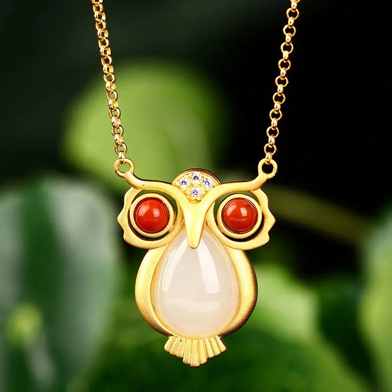 New Silver Natural Hetian Jade Owl 
