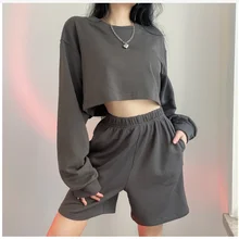 

oggers Women Two Pieces of Sets Loose Long Sleeves Shirts and Casual Shorts Suit Sportswear Cotton Fashion Sets Cuteandpsycho