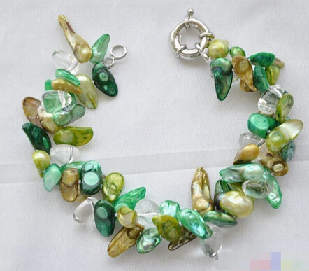 >>>>>2row baroque tail green yellow pearl crystal bracelet