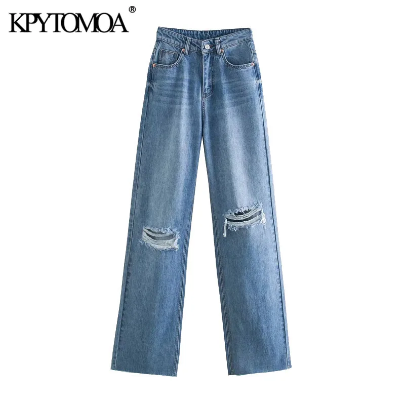 KPYTOMOA-pantalones vaqueros de pierna ancha con agujeros rasgados para Mujer, vaqueros de cintura alta Vintage con cremallera, 2021
