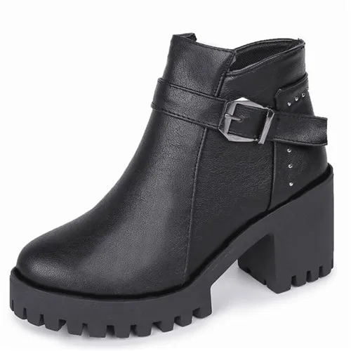 black cotton LZJ/ г. Новые женские ботильоны с пряжкой удобная женская обувь на квадратном каблуке с толстой подошвой модные зимние теплые плюшевые Ботинки на каблуке 7,5 см - Цвет: black cotton