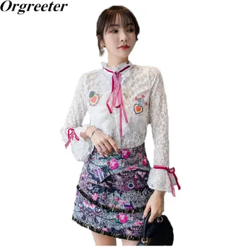 

2020 Spring Runway Design Sweet Embroidery Flare sleeve Perspective Lace Shirts + Retro Printed Tassel Skirt Two-piece sets