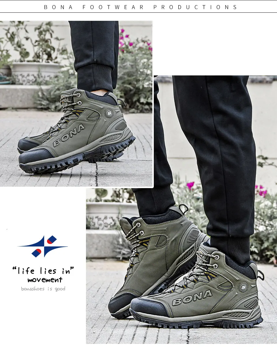 BONA 2022 New Designers Popular Hiking Boots Men Snow Warm Sneakers Man Padded Trekking Winter Action Leather High Top Footwear