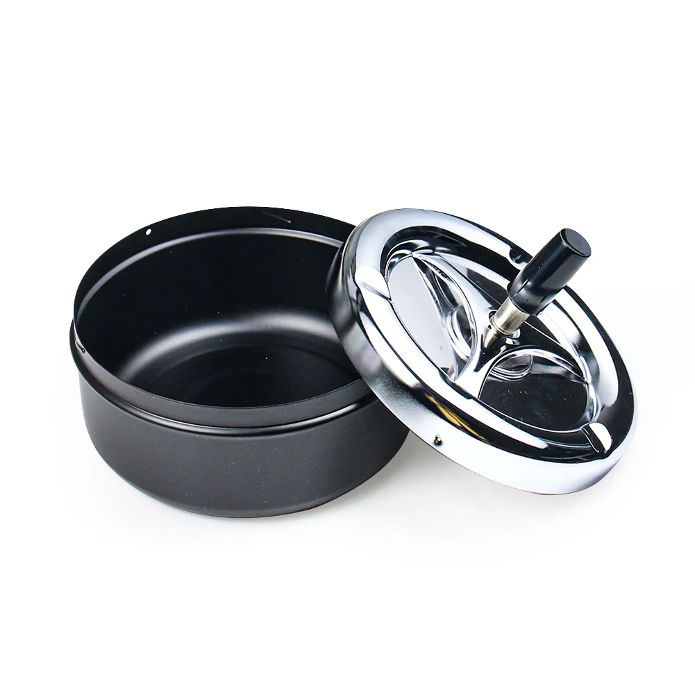 Mantello Round Push Down Cigarette Ashtray with Spinning Tray, Large, Black