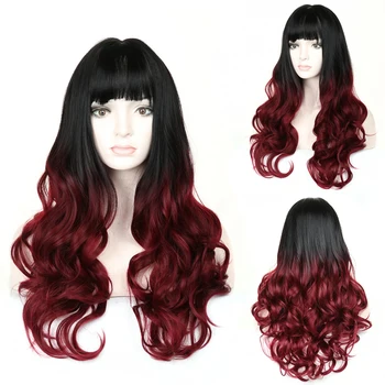 

SHUOHAN 70cm Synthetic Wavy Wig For Women Ombre Black Winered Claret Heat Resistant High Temperature Fiber Long Cosplay SX299