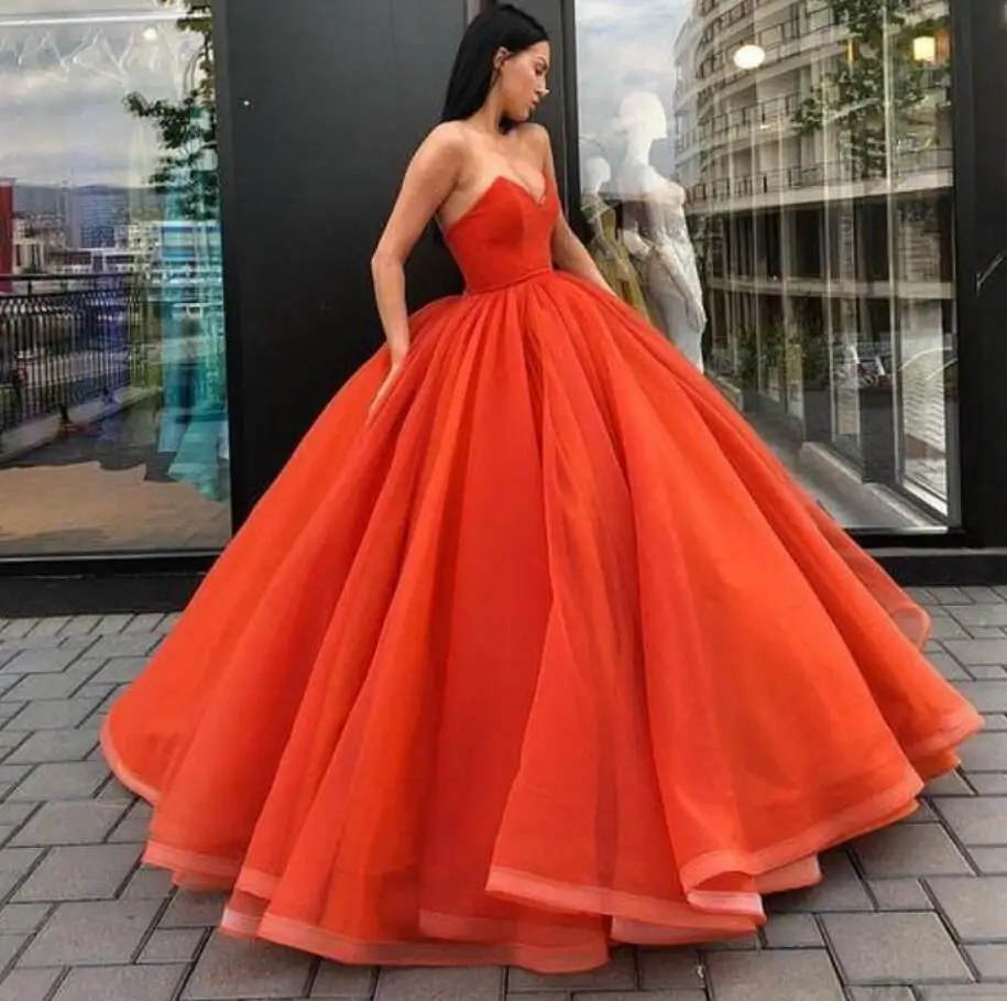 

2020 Orange Ball Gown Prom Dresses V Neck Tulle vestidos de gala Long Teens Prom Gown Formal Evening Party Dresses Custom Made