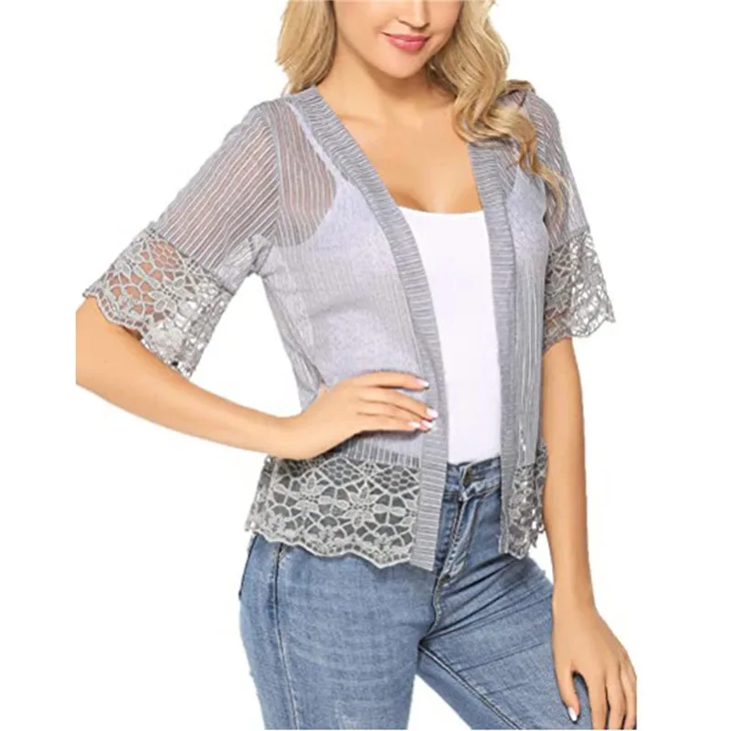 

Summer Casual Beach Shirt Blouse Women Short Sleeve Floral Lace Mesh Perspective Cardigan Tops Hollow Sunsuit Female 4 Colors