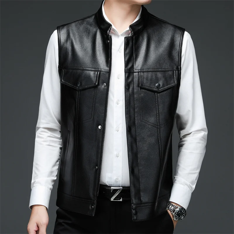2022 Autumn Winter men's Leather Vest Fashion Trend Wear Business Casual PU Waistcoat Coat Outer Tops