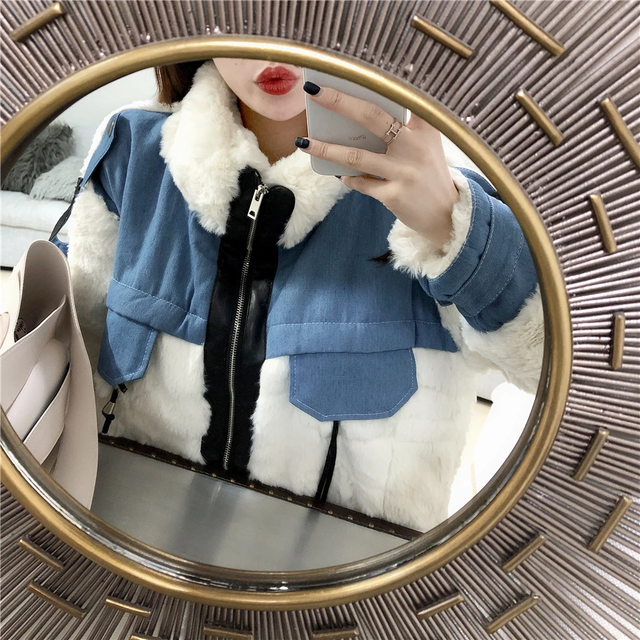 WHITNEY WANG осень зима модная уличная одежда джинсовое лоскутное пальто из искусственного меха женское плотное теплое зимнее пальто Верхняя одежда Пальто