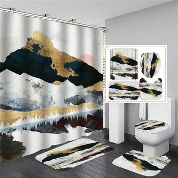 

Color Shower Curtain Polyester Fabric Cartoon Starry Mountains Printing Bath Curtain Shower Liner Non-slip Door Mat