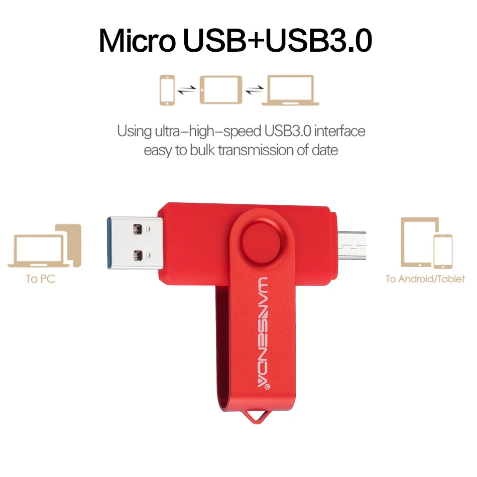 WANSENDA OTG USB флеш-накопитель 2 в 1 USB3.0& Micro Usb накопитель 16 ГБ 32 ГБ 64 Гб 128 ГБ 256 Гб внешний накопитель
