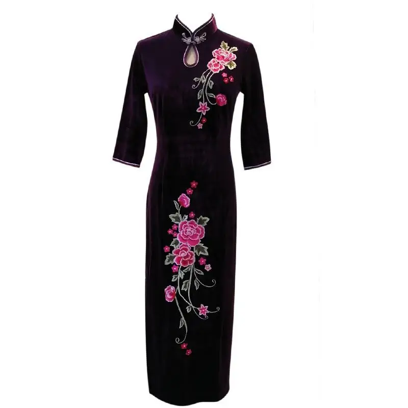 Вышивка на пуговицах в традиционном китайском стиле Cheongsam женская вечерняя вечерние платье сексуальное длинное Винтаж Qipao благородные Vestidos - Цвет: purple B