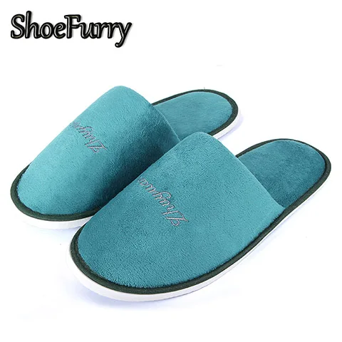 ShoeFurry/зимние тапочки; мужская повседневная домашняя обувь; Мягкие плюшевые теплые домашние тапочки для спальни; мужские и женские портативные тапочки для спа-отеля - Цвет: SJD-DZ Green