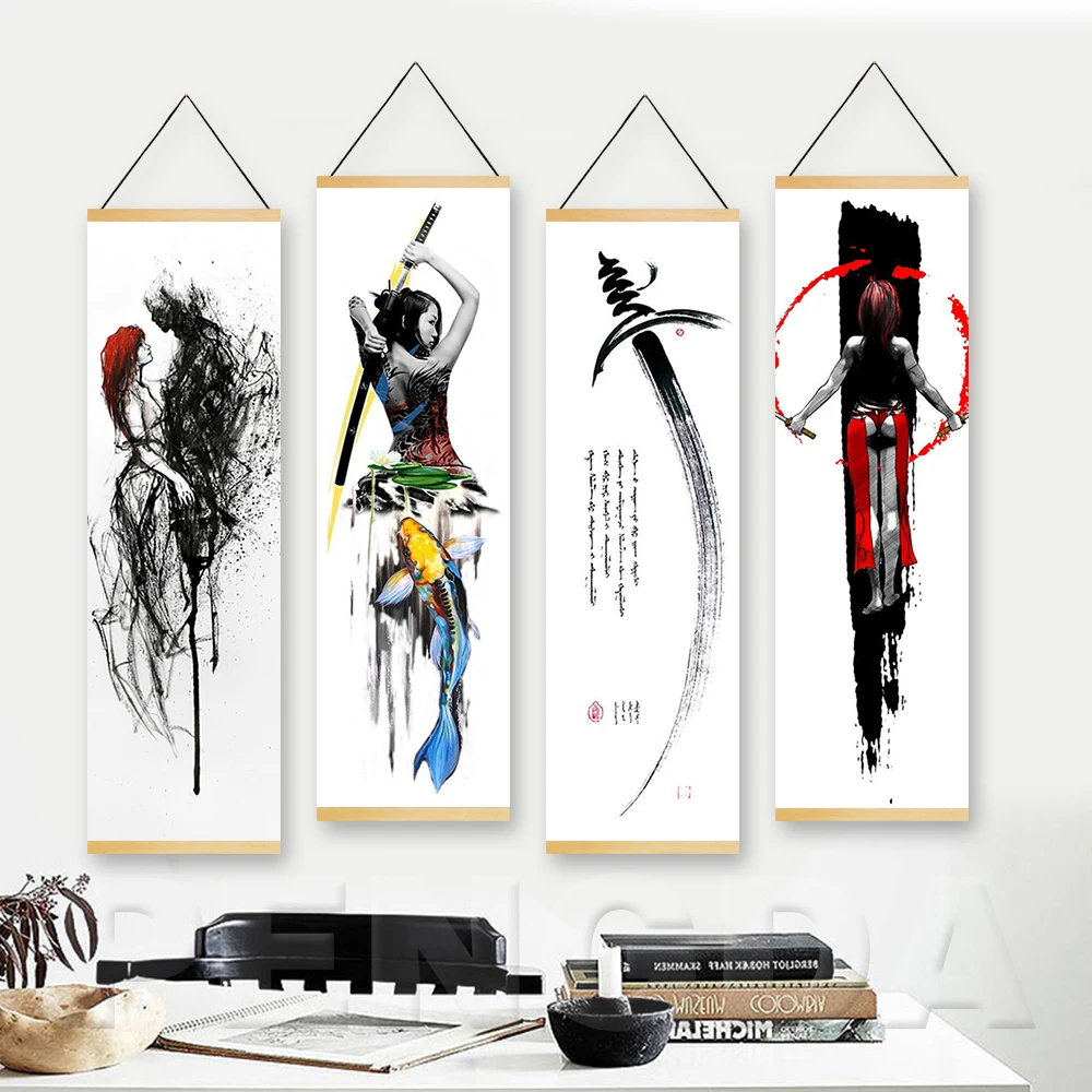 Домашний декор, настенное искусство, простой аниме, японский самурай, картина из массива дерева, подвесной прокрутки, печать на холсте, современный простой плакат с изображением