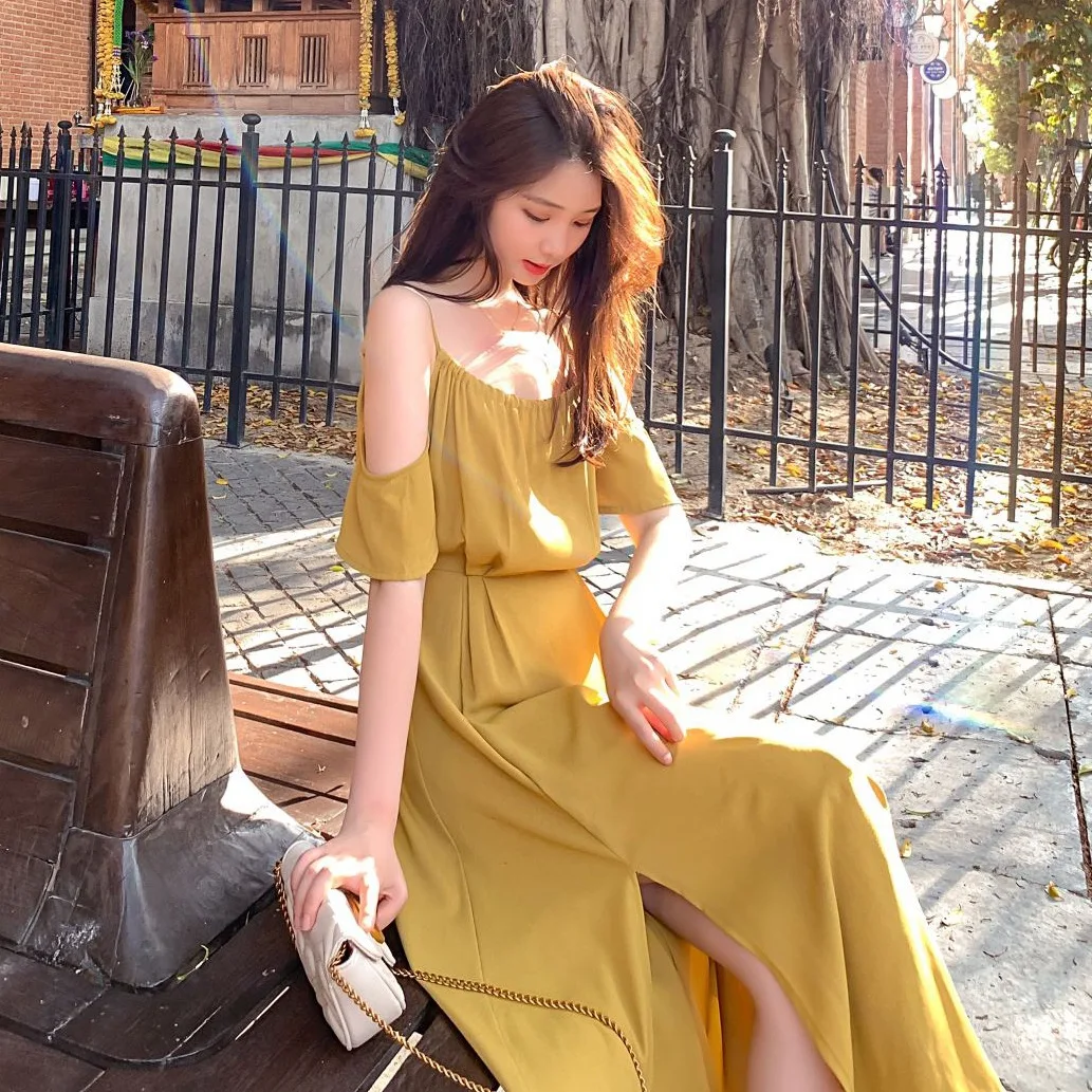 

Photo Shoot CHIC Candy GIRL'S Drape Slimming Yellow Mid-length-off-Shoulder Camisole Slit Big Hemline Dress