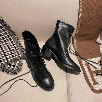 

Thick heel leather Martin boots for women autumn winter new high heel round head lace up women's short boots