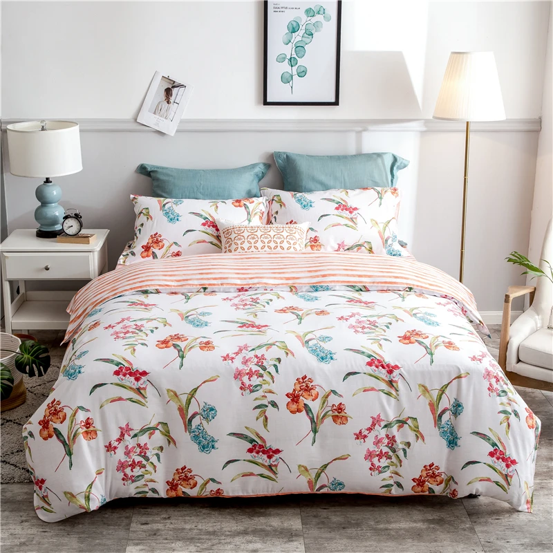 Bedding Set Tencel Cotton Linen Fashion Flower Pattern Duvet Cover Flat