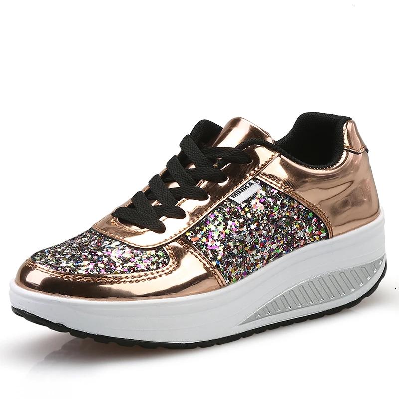 Женская обувь для бега; блестящие кроссовки на платформе со шнуровкой; кожаные кроссовки, визуально увеличивающие рост; женская спортивная обувь - Цвет: gold woman sneakers