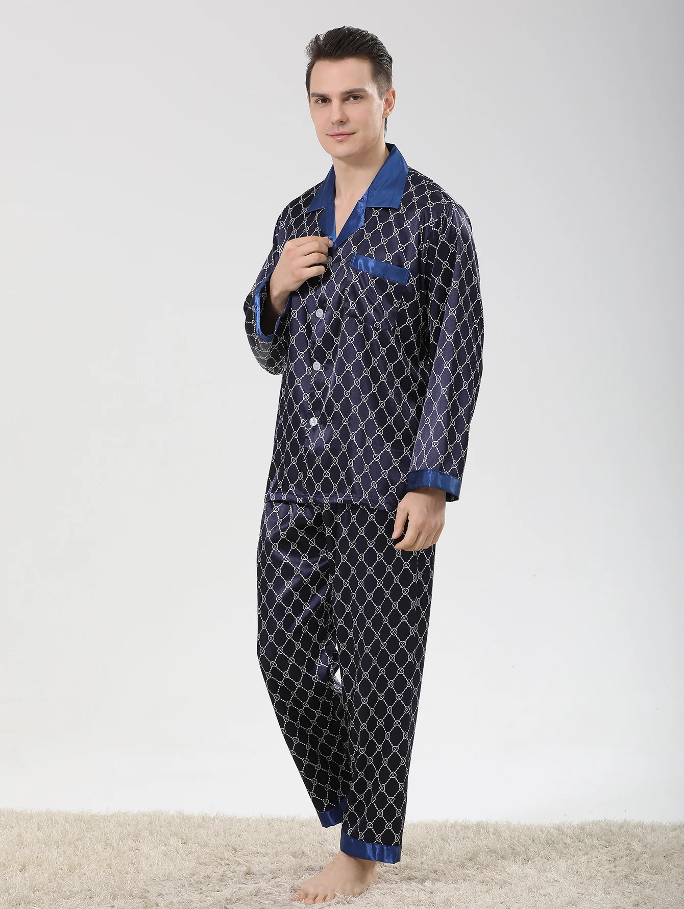 mens cotton pyjamas Lisacmvpnel Men's Imitation Silk Pajamas Long Sleeved Printed Pajama Set soft cotton pyjamas