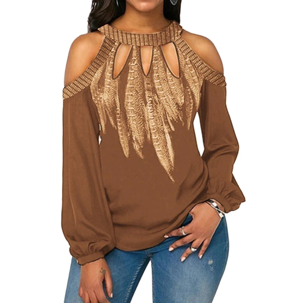 Plus Size Feather Print Women Cold Shoulder Long Sleeve Blouse Chiffon Shirt Round Neck Chiffon Blouse womens tops and blouses Plus Size Feather Print Women Cold Shoulder Long Sleeve Blouse Chiffon Shirt Round Neck Chiffon Blouse womens tops and blouses