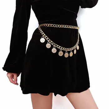 

Vintage Gypsy Metal Dangle Waist Belt Chain Carved Coin Portrait Pendant Tassel