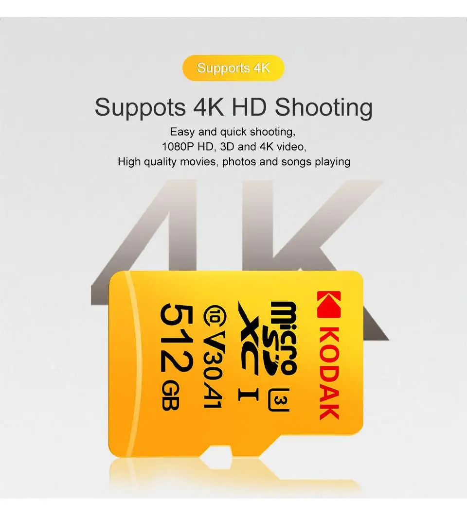 Карта памяти Kodak U3 V30 Class10 Micro SD SDXC SDHC карта TF флеш 512 ГБ 256 для хранения видео