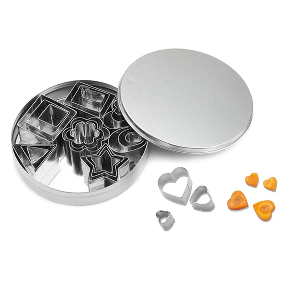 

Bakeware Set Chocolate Fondant Tool with Metal Box 24pcs/Set Flower Star Geometric Shape 430 Stainless Steel Creative Reusable