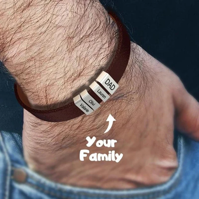PolishedPlus Customized leather bracelet  for men  stainless steel Engrave Family Name  Id Tag For Dad Father's Day Gift custom family names bracelet for men personalized braided leather bracelets stainless steel beads charm bangle father s day gift